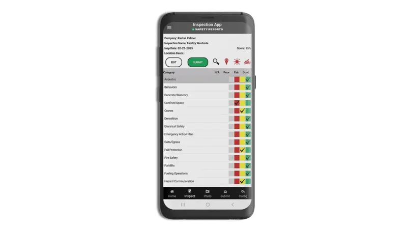 Safety Reports mobile inspection app showing safety checklist categories with colour-coded ratings