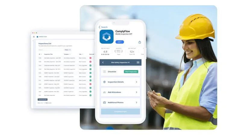 ComplyFlow web dashboard showing an inspections list beside the mobile inspection app