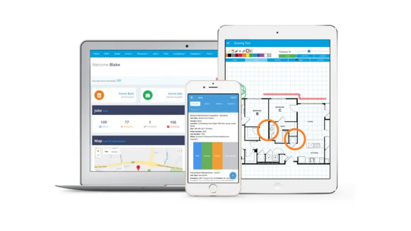 Formitize platform showing a laptop dashboard, mobile job management, and a tablet drawing tool for building inspections