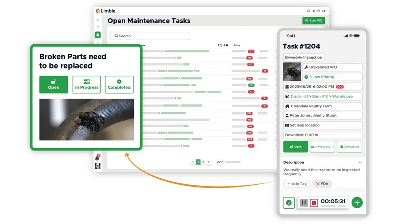 Limble CMMS open maintenance tasks dashboard with a mobile task detail for a fortnightly inspection