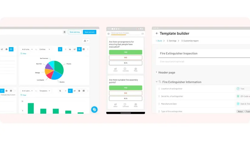 Lumiform desktop analytics, mobile inspection checklist, and template builder