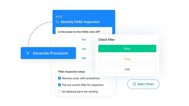 MaintainX HVAC inspection checklist with pass, fail, and flag responses