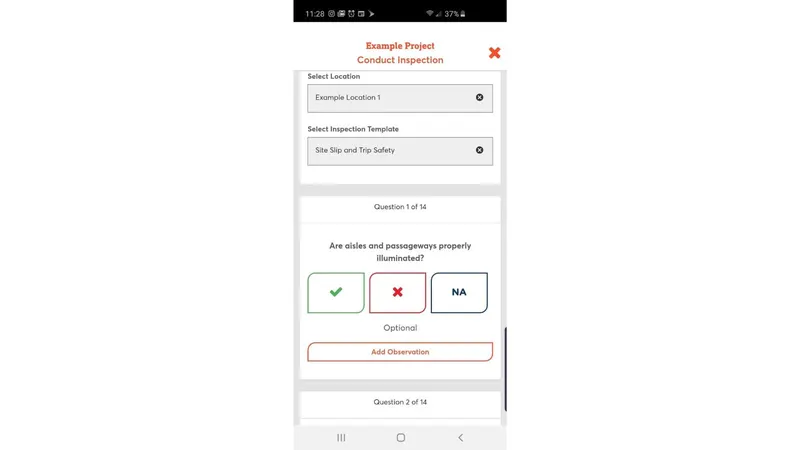 Safesite mobile inspection app showing a site safety checklist with pass, fail, and not applicable responses