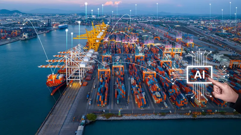 Aerial view of a container port at dusk, with gantry cranes over stacked containers and a network of glowing lines and an AI chip icon drawn over the terminal