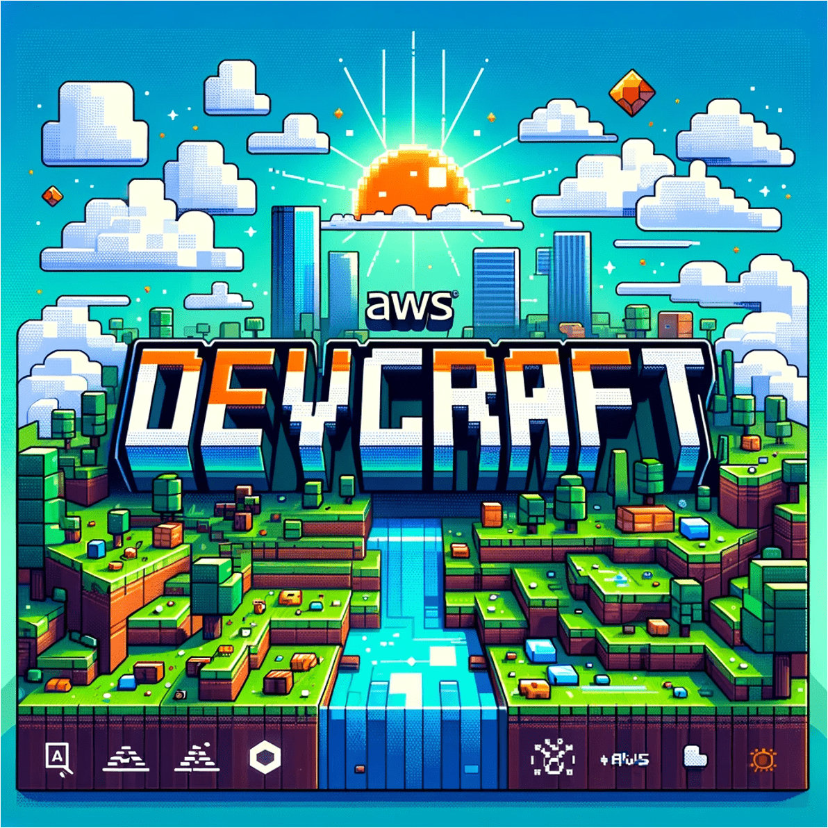 A pixel-art landscape of blocky green hills and a river under a rising sun, with the AWS logo above the word DEVCRAFT in large blocky letters