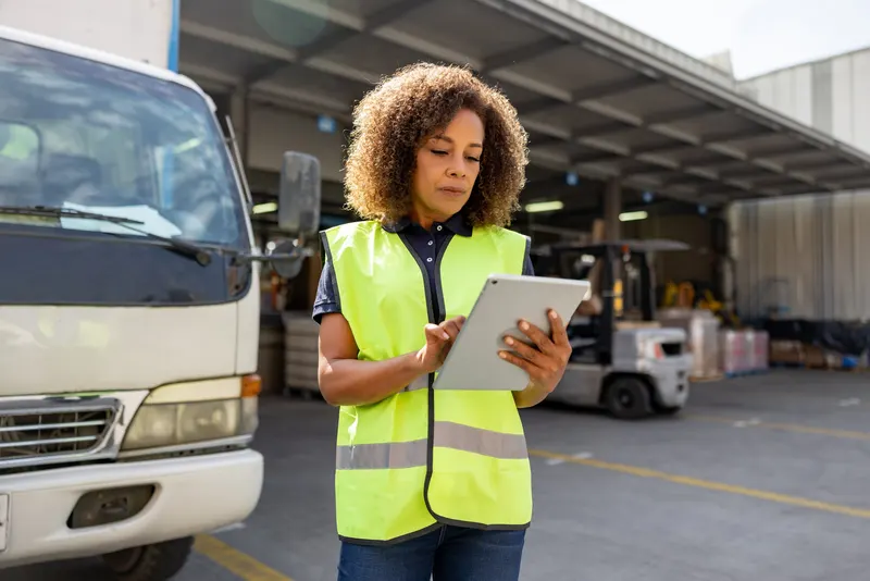 A woman in a hi-vis vest using a tablet beside the cab of a small truck at a covered loading dock, with a forklift and stacked pallets behind her