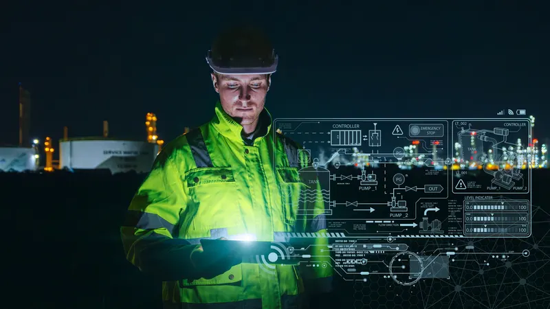A worker in a hi-vis jacket and hard hat at an industrial plant at night, looking down at a tablet, with a schematic of pumps, tanks and controllers overlaid beside him