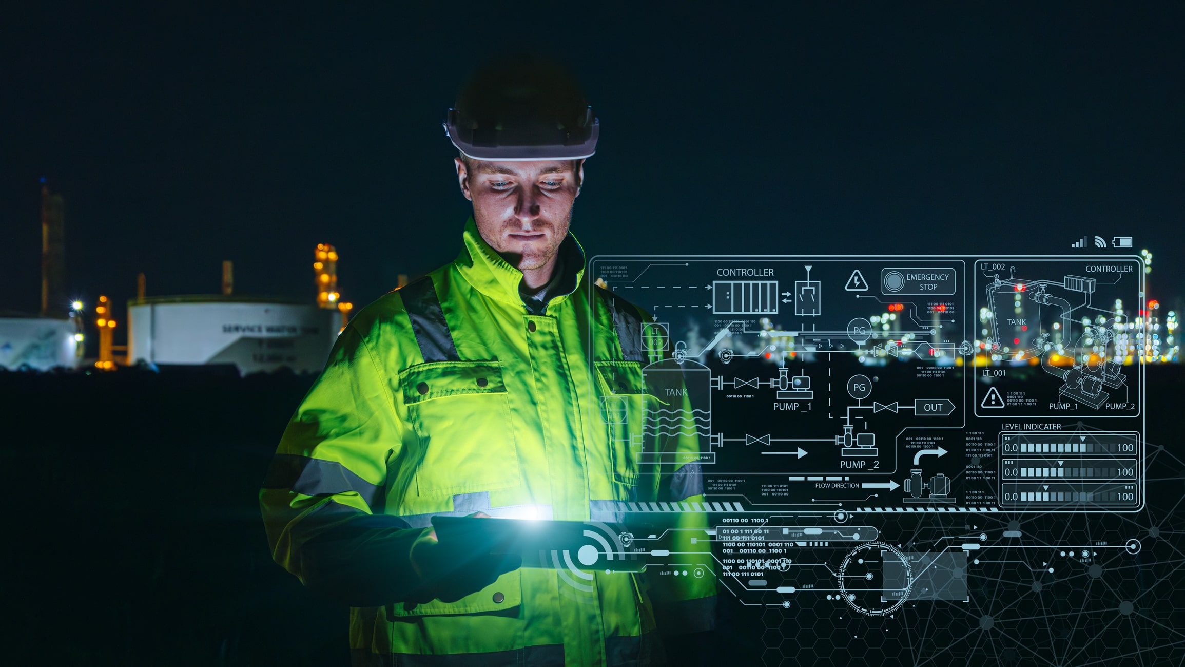 A worker in a hi-vis jacket and hard hat at an industrial plant at night, looking down at a tablet, with a schematic of pumps, tanks and controllers overlaid beside him
