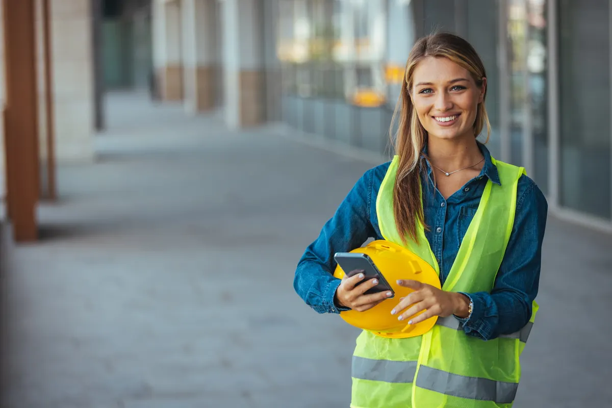 A woman in a high-visibility vest and denim shirt standing outside a glass-fronted building, holding a yellow hard hat under one arm and a phone in her hand