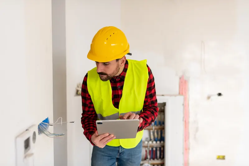 A worker in a yellow hard hat and hi-vis vest holding a tablet inside an unfinished building, with exposed wiring on the wall behind him