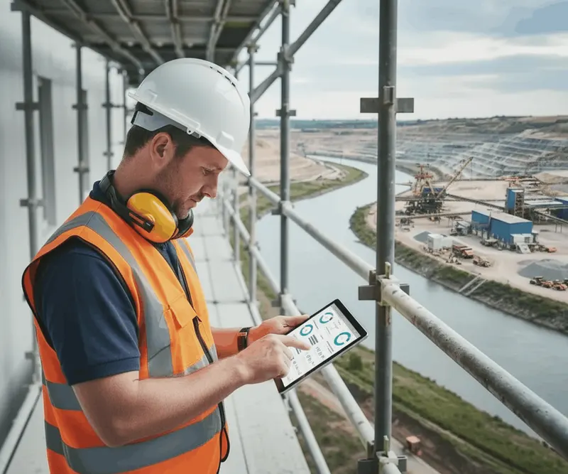 A worker in a white hard hat, orange high visibility vest and ear defenders reading a tablet on a scaffold platform, with a canal and a quarry plant behind him