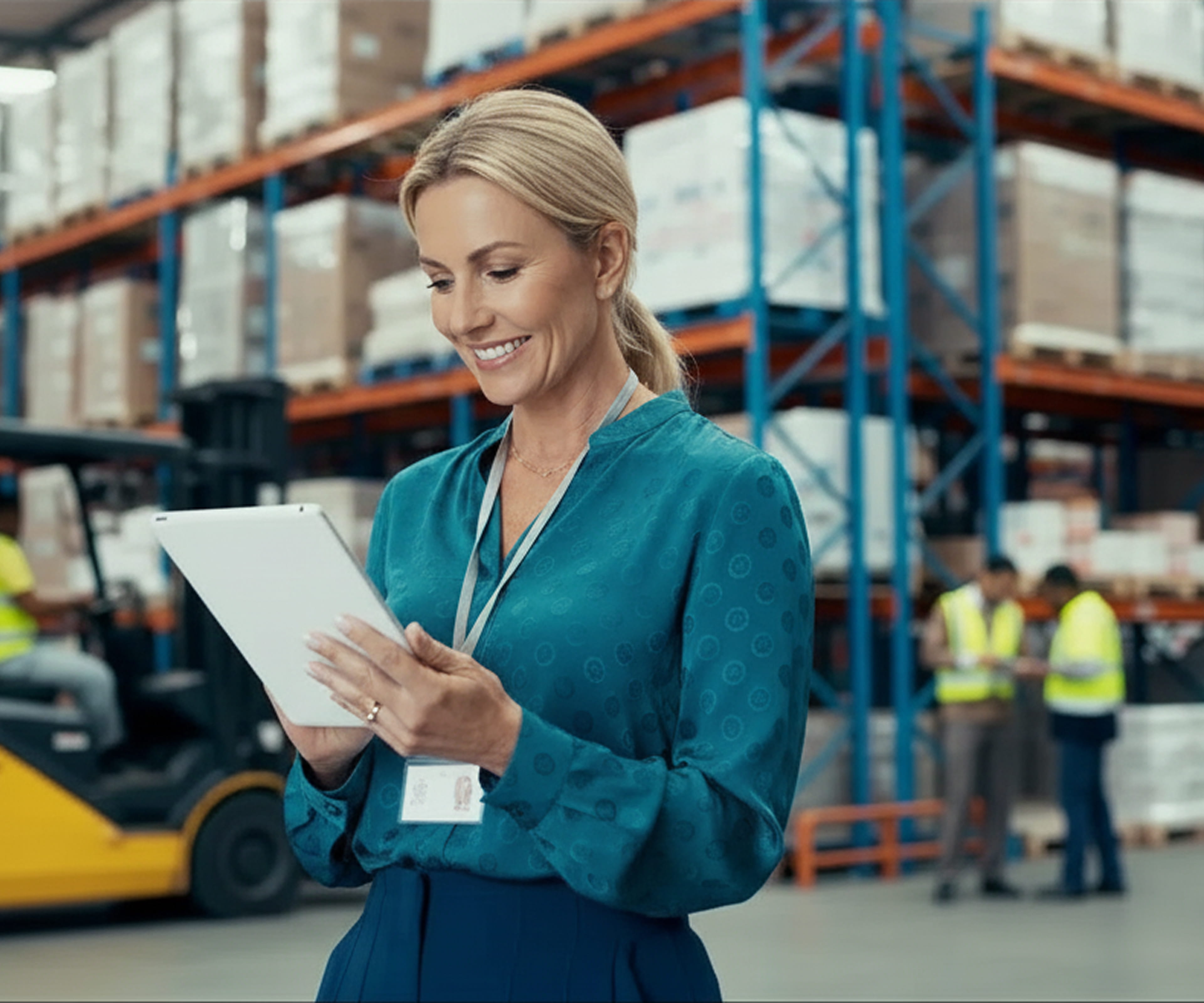 A woman in a teal blouse with a lanyard reading a tablet on a warehouse floor, racking stacked with pallets behind her and workers in high-visibility vests further back