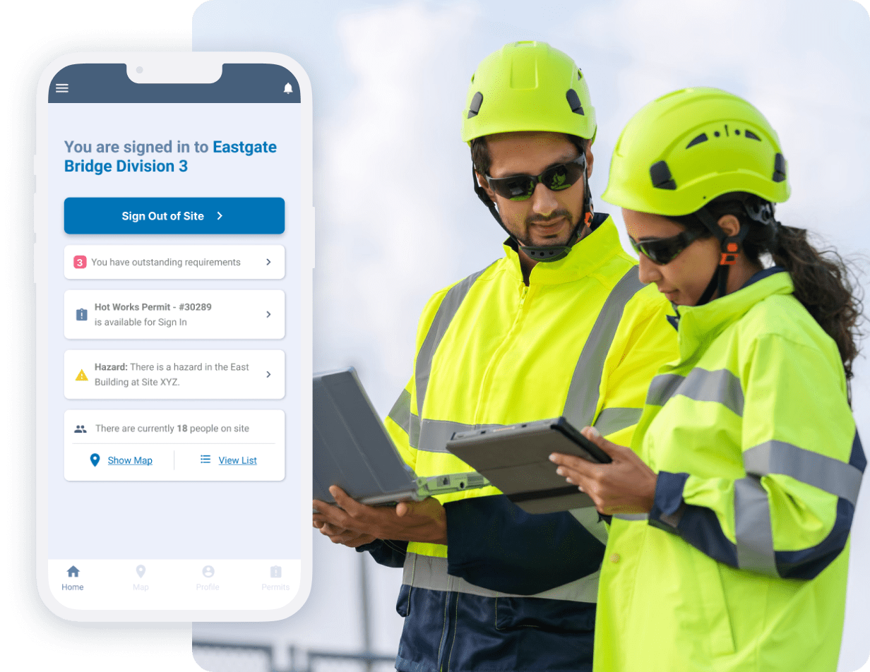 Two workers in high-vis gear using tablet with mobile site access app interface