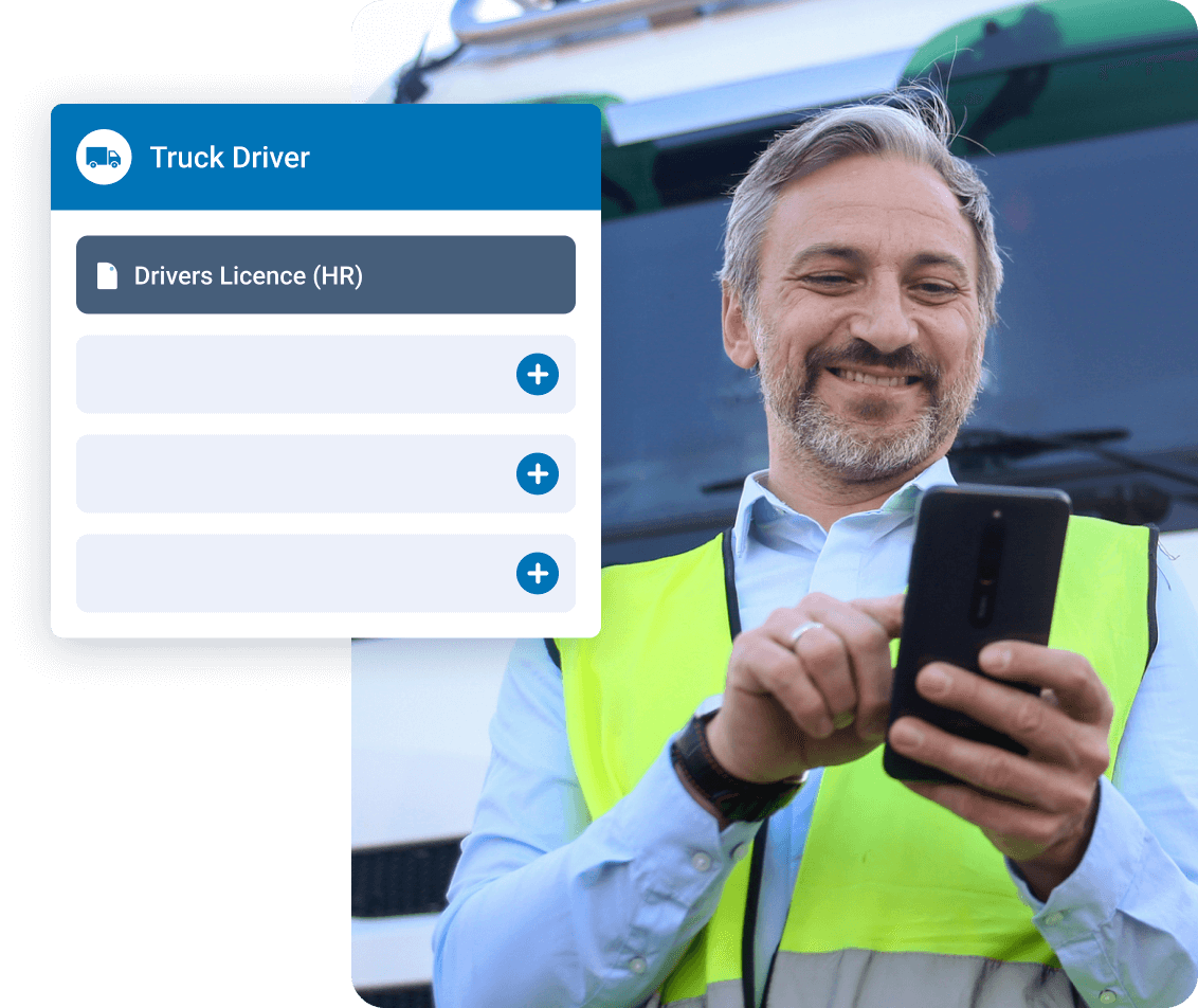 A worker in a high-visibility vest adding his heavy rigid driver licence to his ComplyFlow profile on his phone