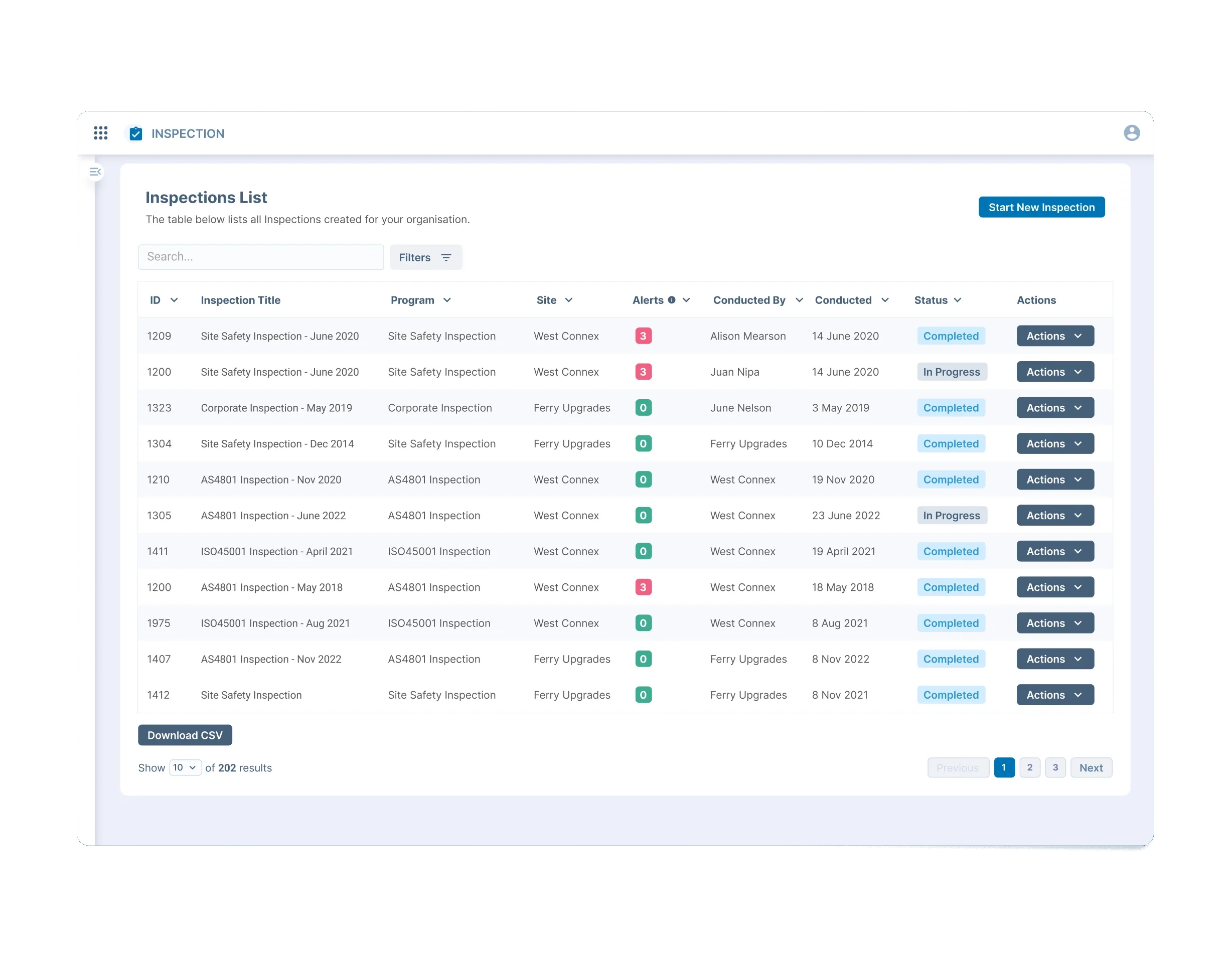 Inspection management dashboard displaying list of safety inspections with status tracking