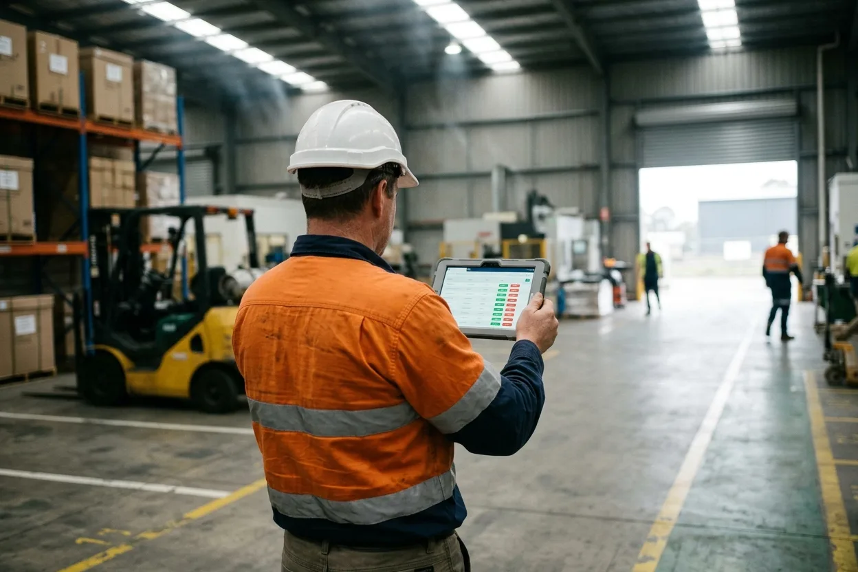 A site supervisor in hi-vis seen from behind on the floor of an industrial facility, a tablet in both hands showing a compliance list with green and red status chips