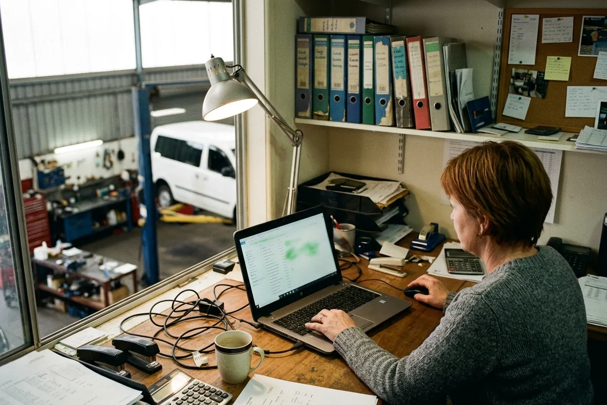 A contractor’s office manager at a laptop in a mezzanine office above a workshop, a shelf of labelled folders behind her and a van on a hoist through the window