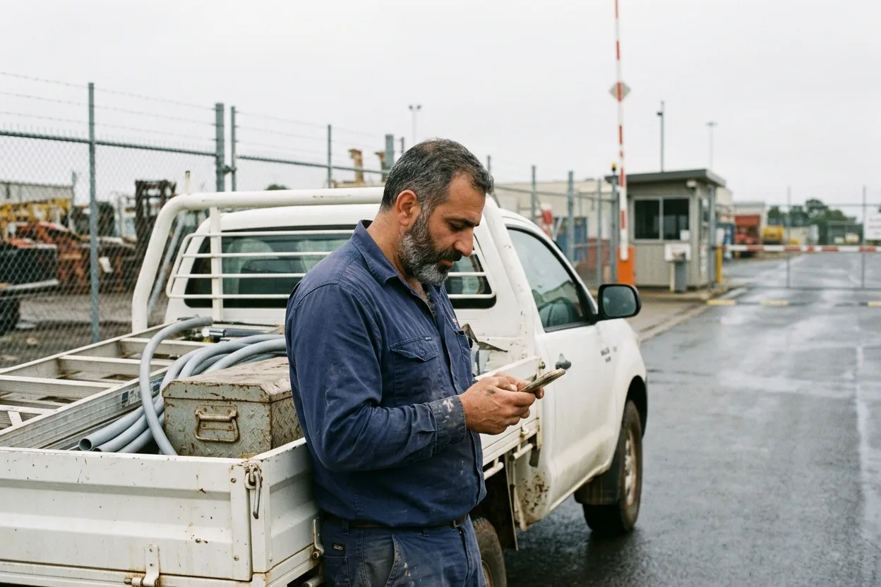 An electrical contractor in a navy work shirt reading his phone at the tailgate of his ute outside a client’s site gate on an overcast morning, a ladder and conduit on the tray