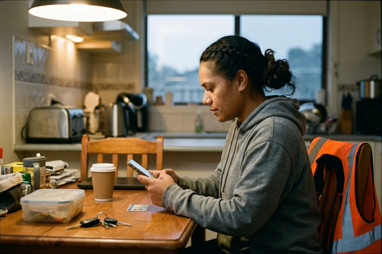 A worker in a grey hoodie at her kitchen table at dawn, photographing her licence card with her phone, a hi-vis vest over the back of the chair