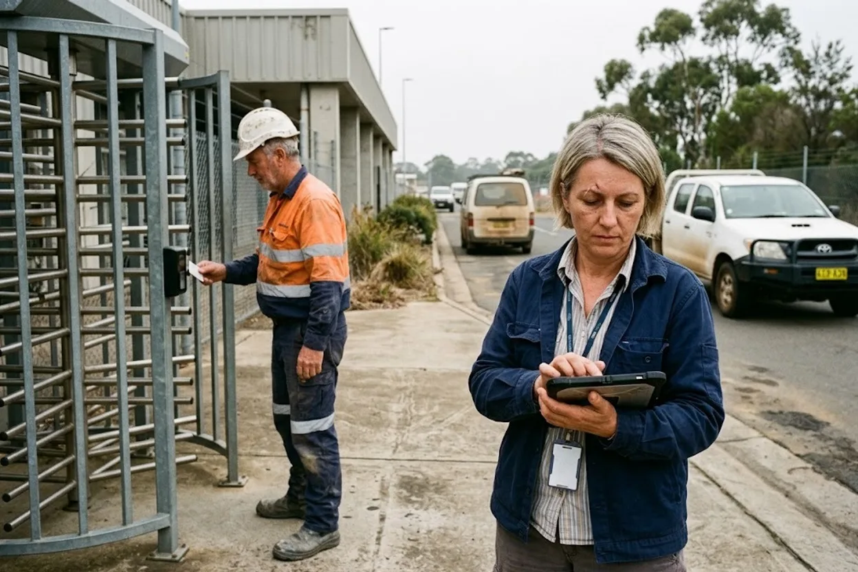 A landside building manager checking a tablet at an airport terminal’s contractor entrance, a maintenance contractor in hi-vis scanning an ID card at a turnstile behind her