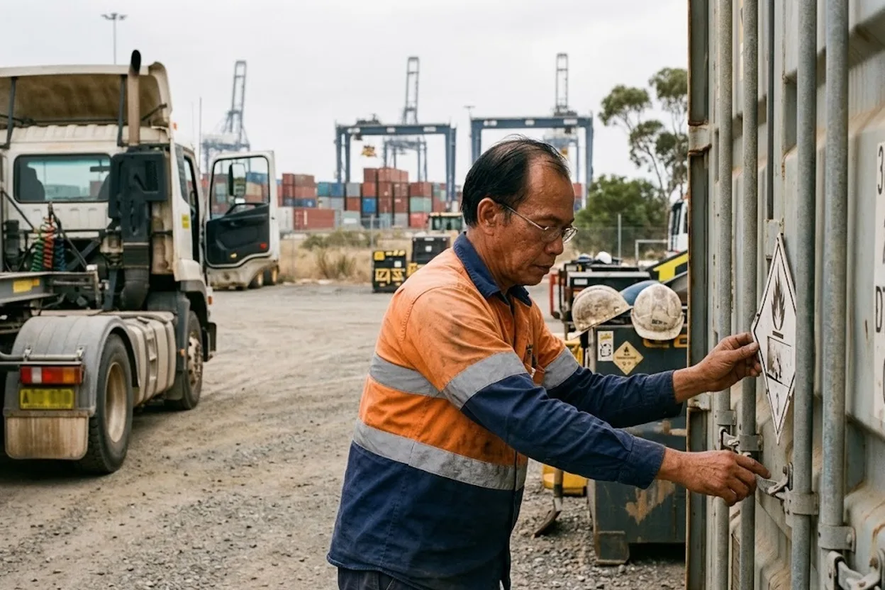 A truck driver in hi-vis checking a dangerous goods placard against a shipping container in an intermodal yard, gantry cranes in the distance