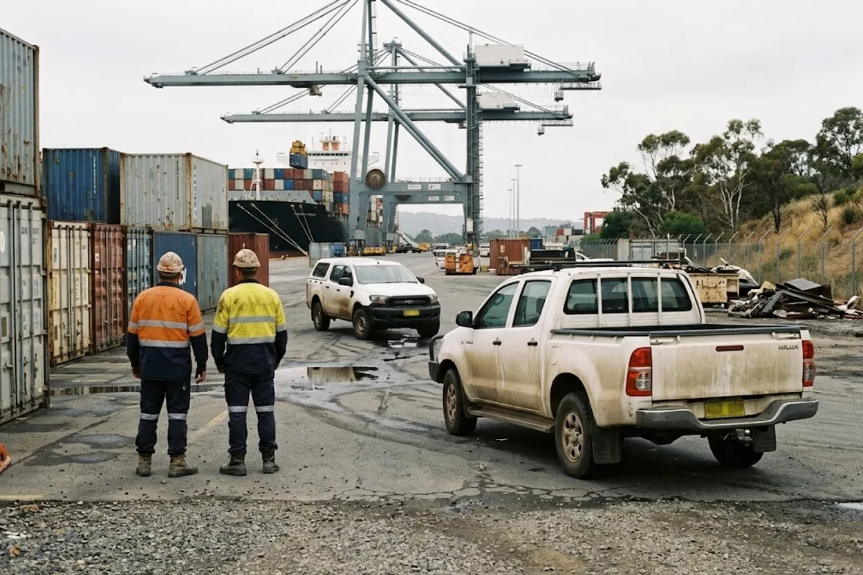 A container terminal seen from the wharf, ship-to-shore cranes loading a vessel, the kind of site an operations team runs