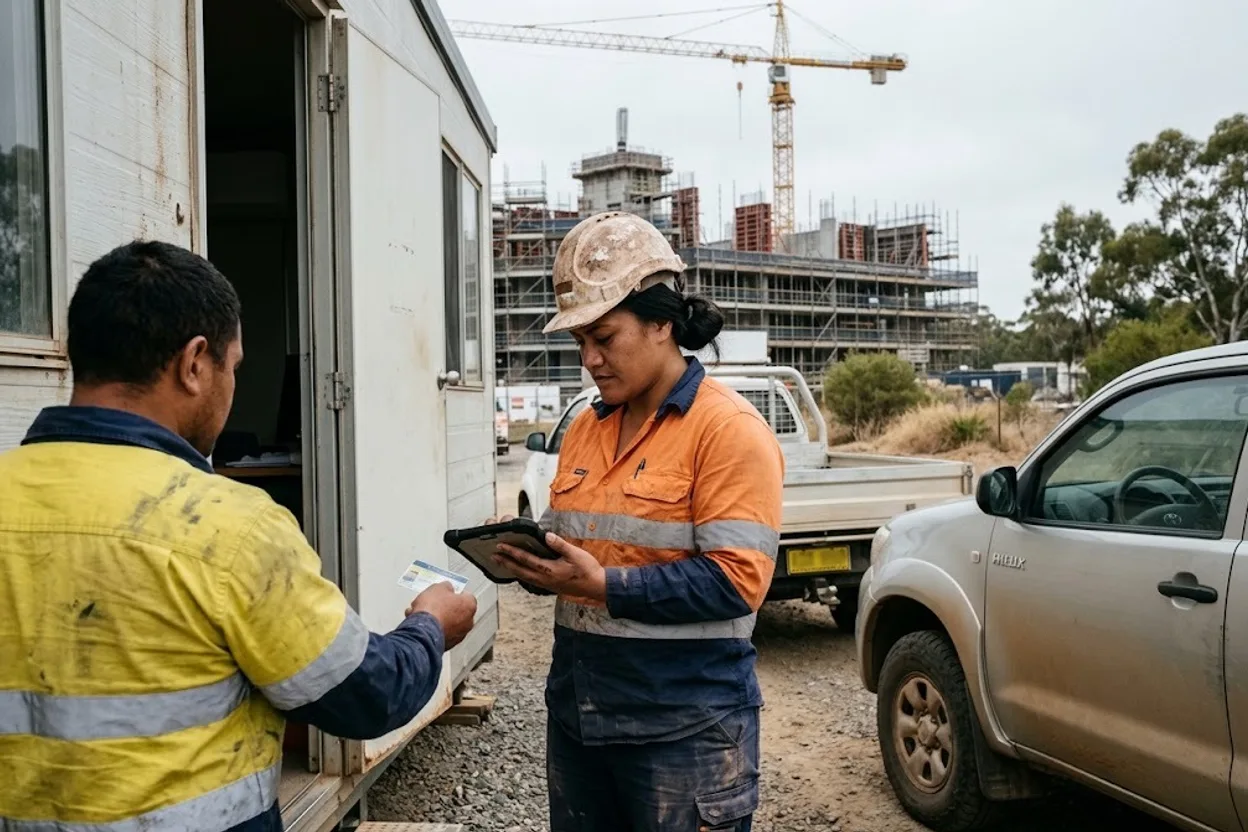 An HSE manager checking a tablet against a subcontractor’s licence at a site office trailer, a tower crane and scaffolding visible on the build behind her