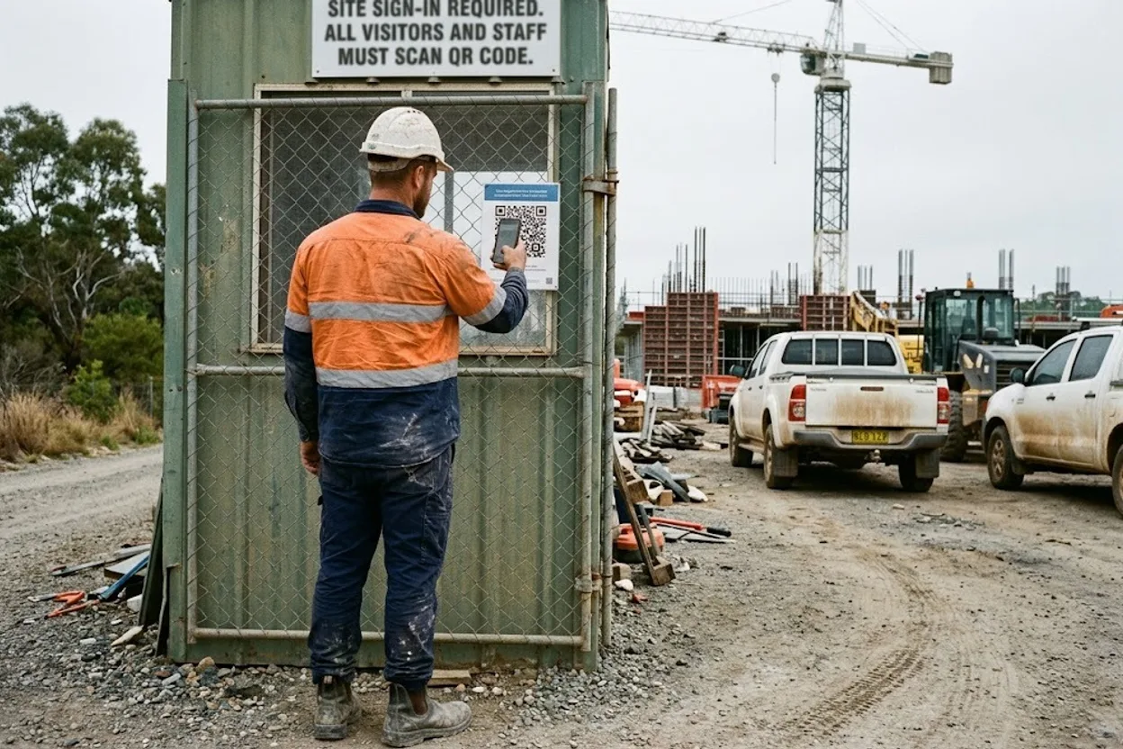 A subcontractor in hi-vis and a white hard hat scanning a QR code sign-in sign at a construction site gatehouse, a tower crane visible over the hoarding behind him