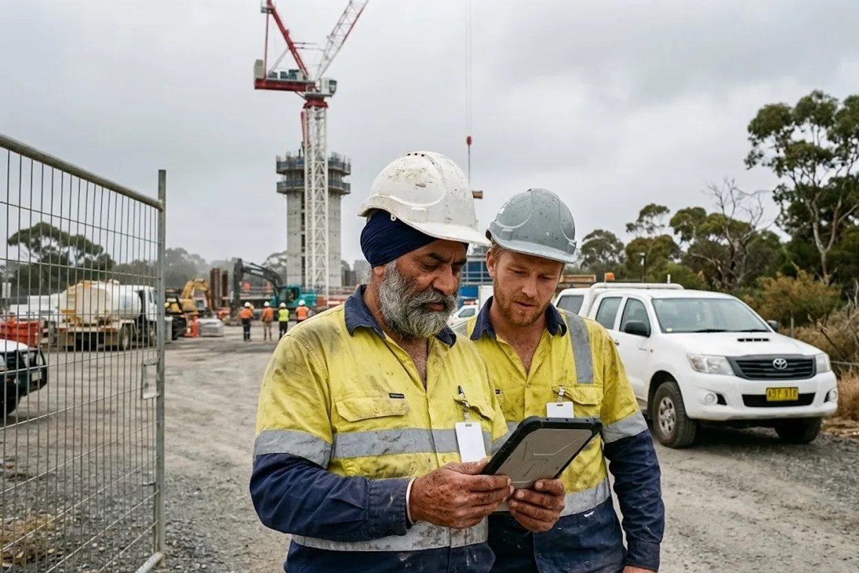 A site manager and a scaffolder checking a tablet at the site office gate of a commercial high-rise build