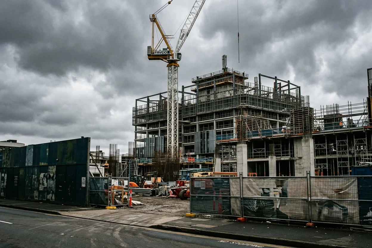 A commercial construction site seen from the street, scaffolding and a tower crane against the skyline, the kind of build a head contractor runs
