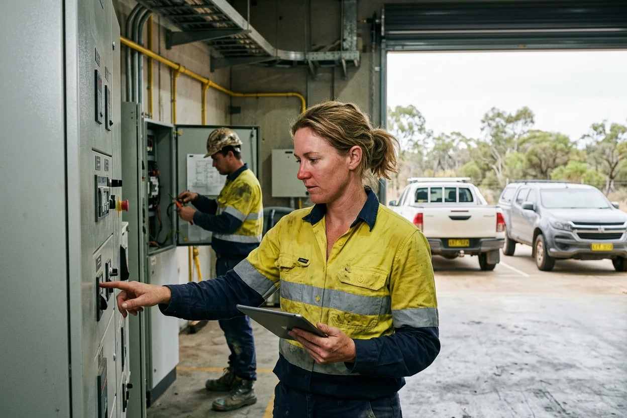 A facilities manager checking a tablet against a row of PDU switchboards in a data hall plant room, a technician working at an open panel behind her