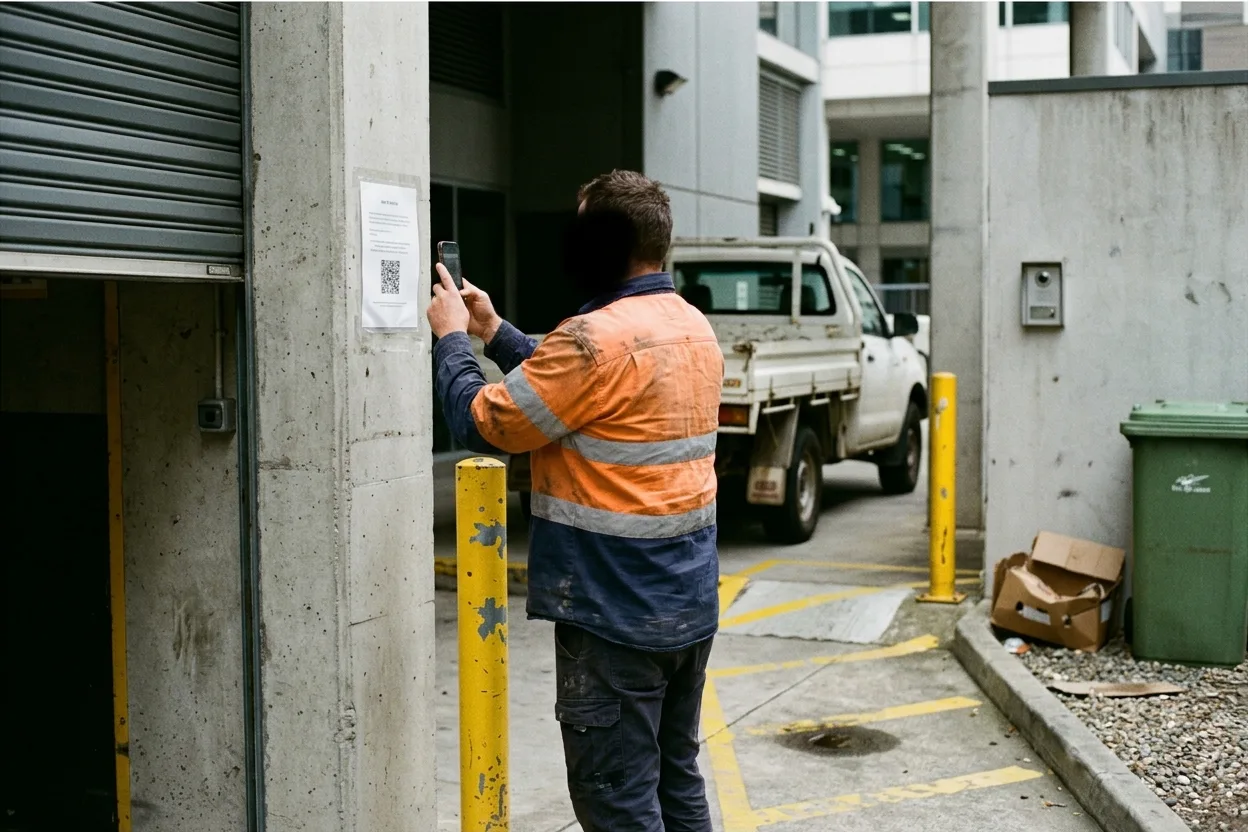A tradesman in hi-vis scanning the QR sign-in notice on the wall of a loading dock, his ute backed up behind him