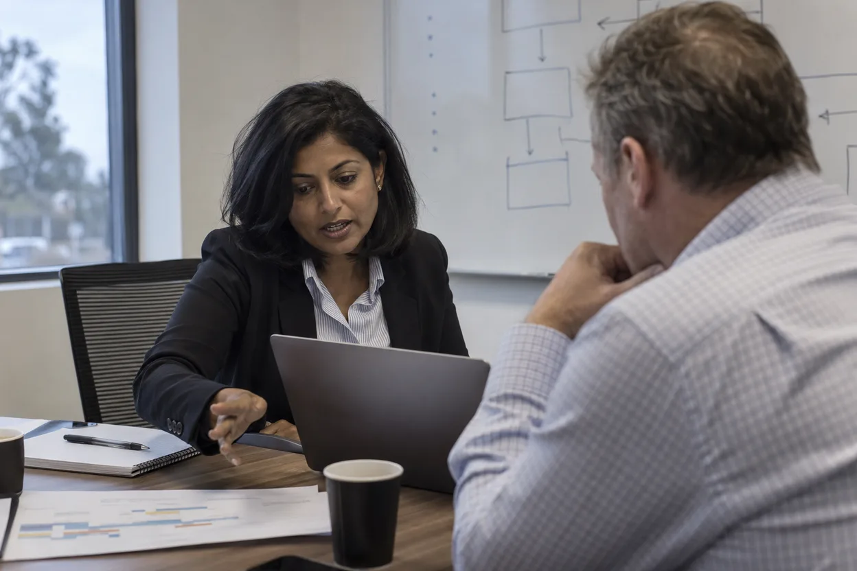 Two people from different companies working through an implementation plan on a laptop between them, a printed schedule and coffees on the table, and a whiteboard of boxes and arrows behind