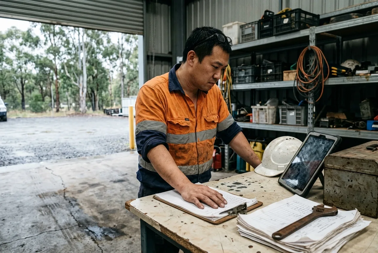A safety manager alone in a workshop, reading glasses pushed up, working through paperwork on a clipboard