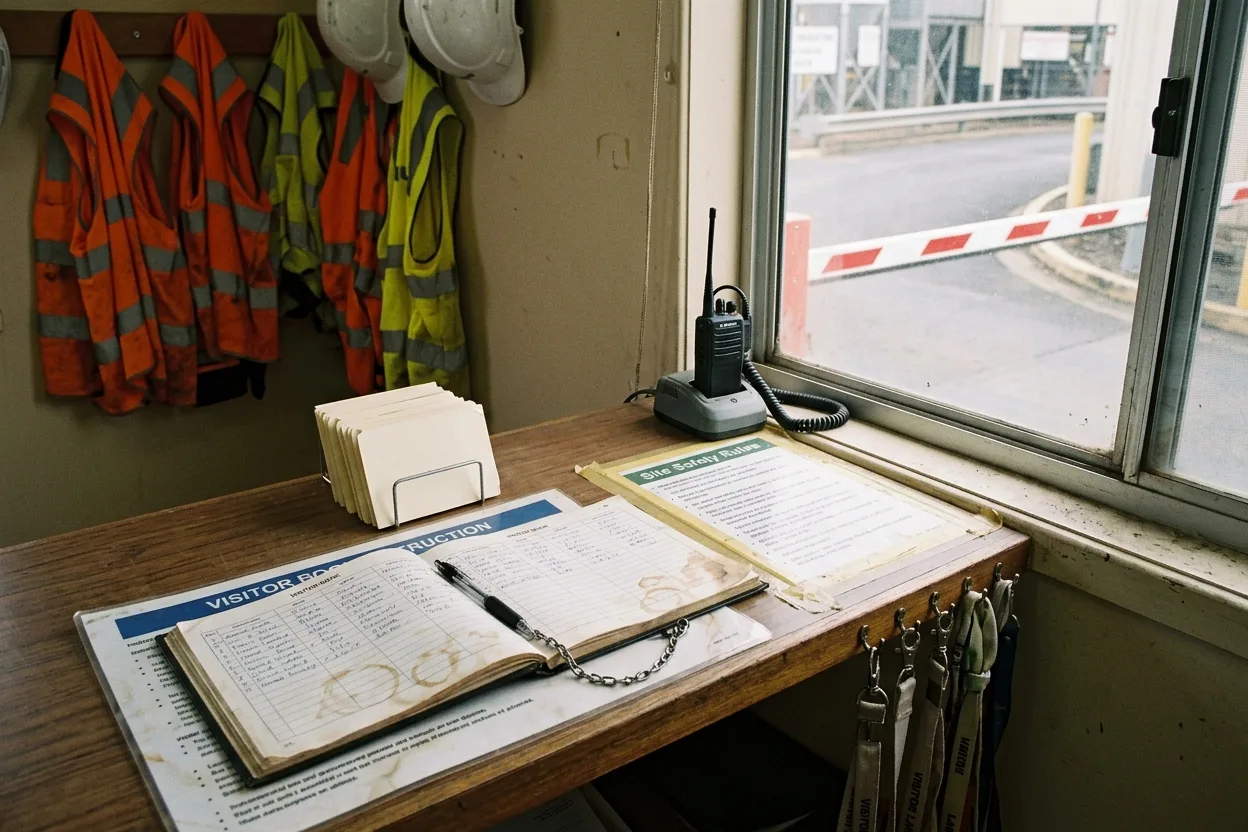 A paper visitor sign-in book open on a reception counter with a pen on a chain, visitor lanyards on hooks, and hi-vis vests hanging behind