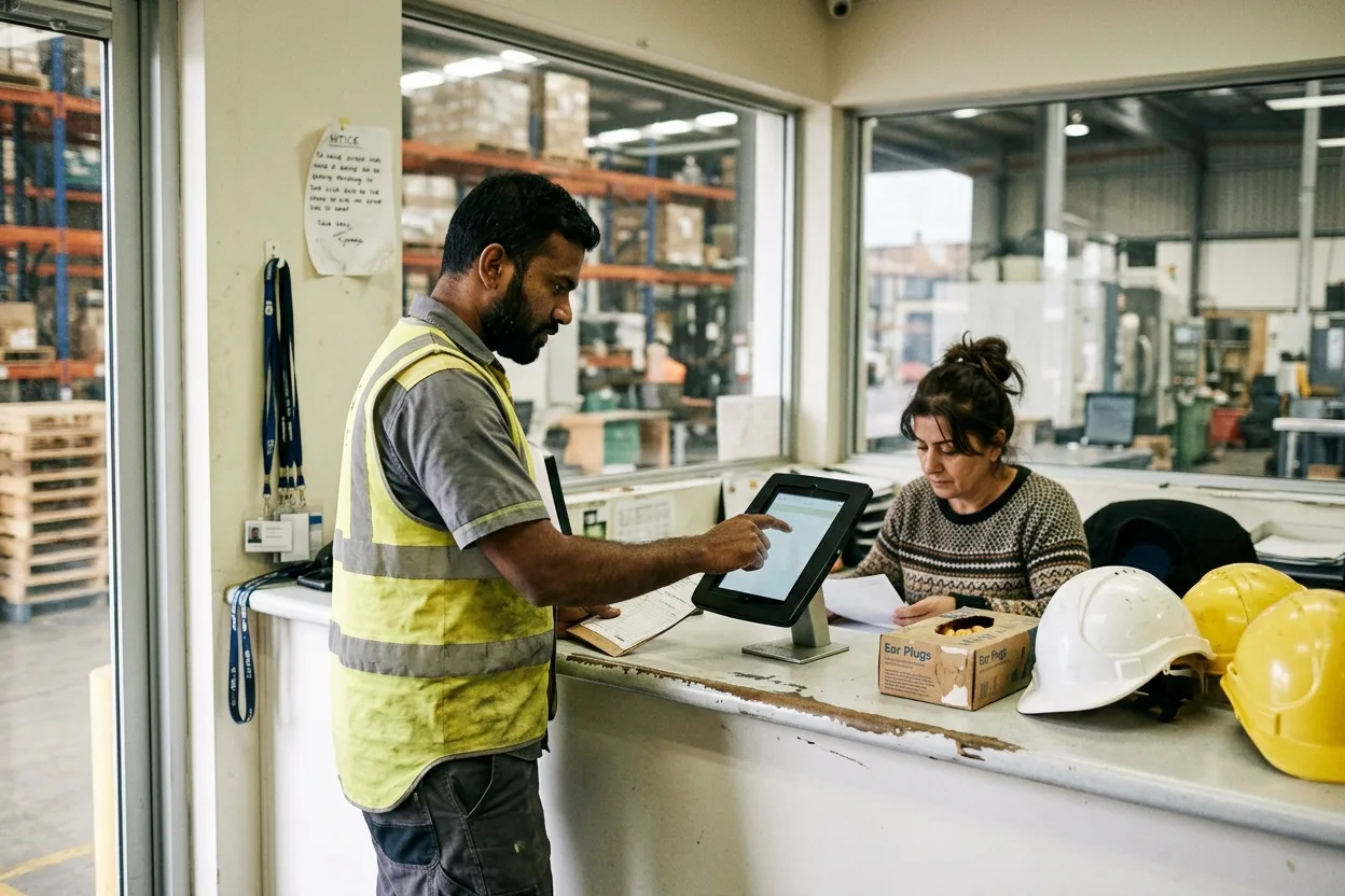 A delivery driver in hi-vis signing in on a kiosk tablet at the reception counter of a manufacturing plant, a visitor lanyard and hard hats on the counter