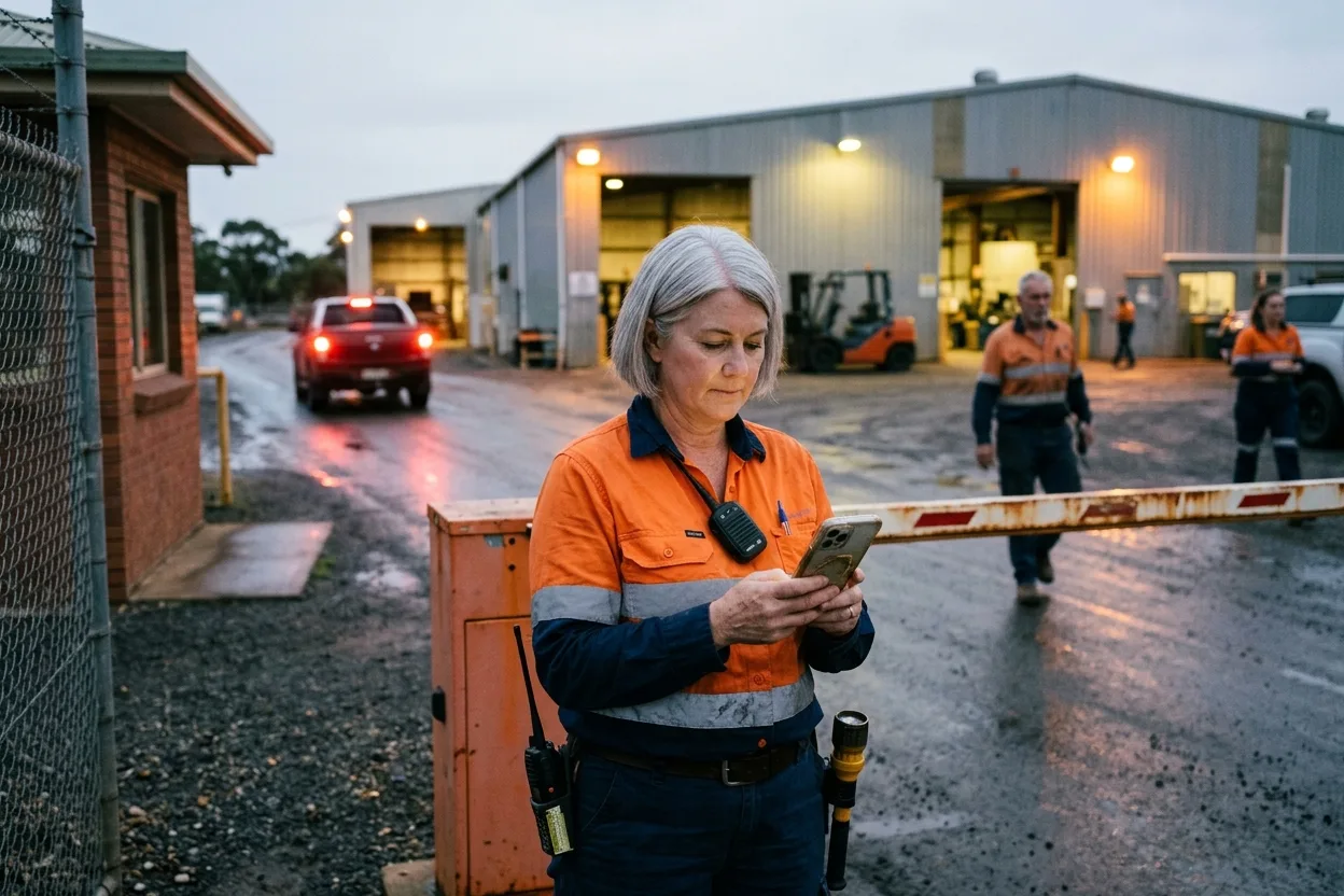 A site supervisor in hi-vis at a boom gate at dusk checking the Live Access list on her phone, sheds lit behind her