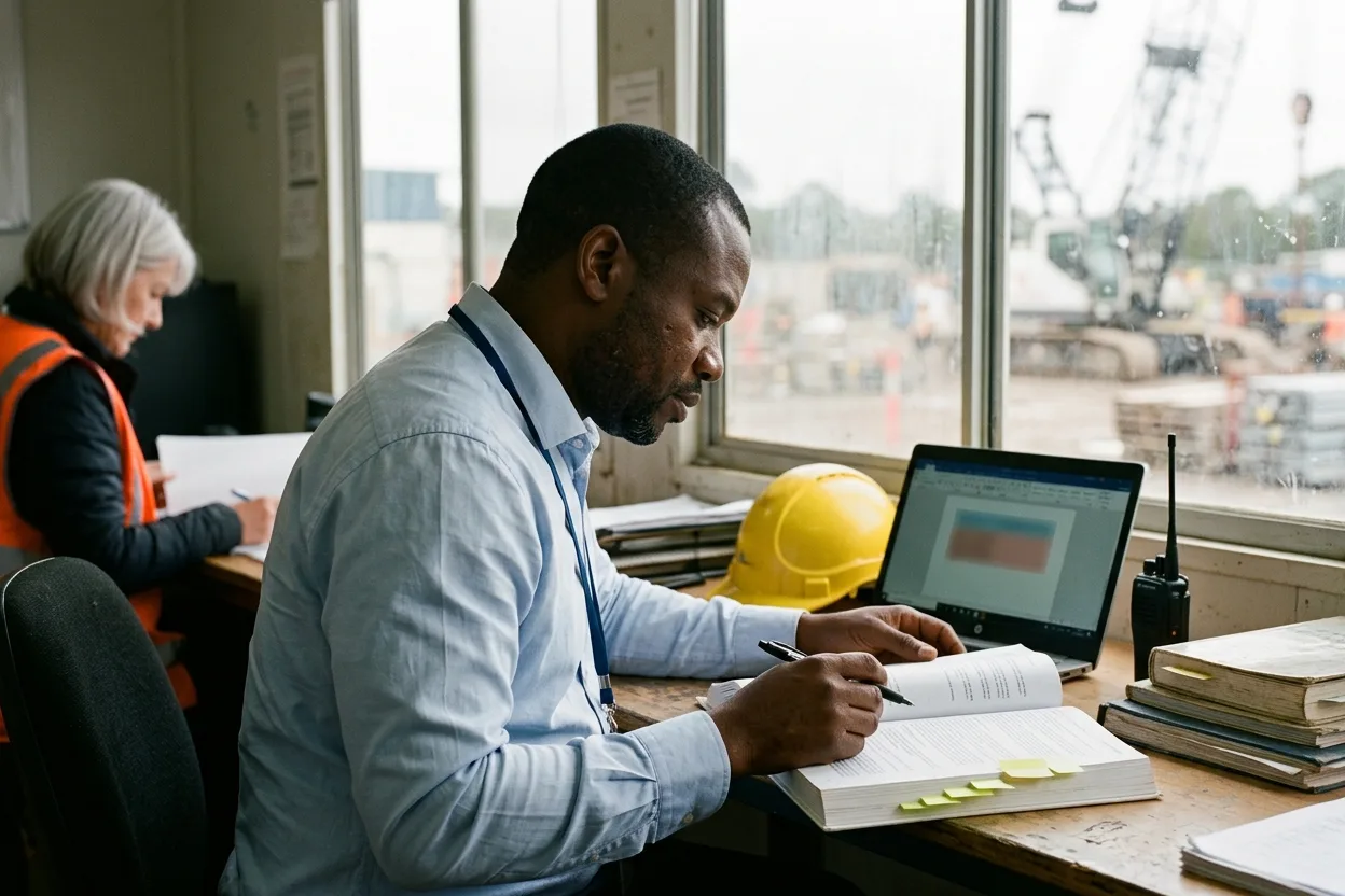 A safety manager at a site office desk reading a thick printed safety manual beside a laptop, with a pen in hand and sticky notes on the pages