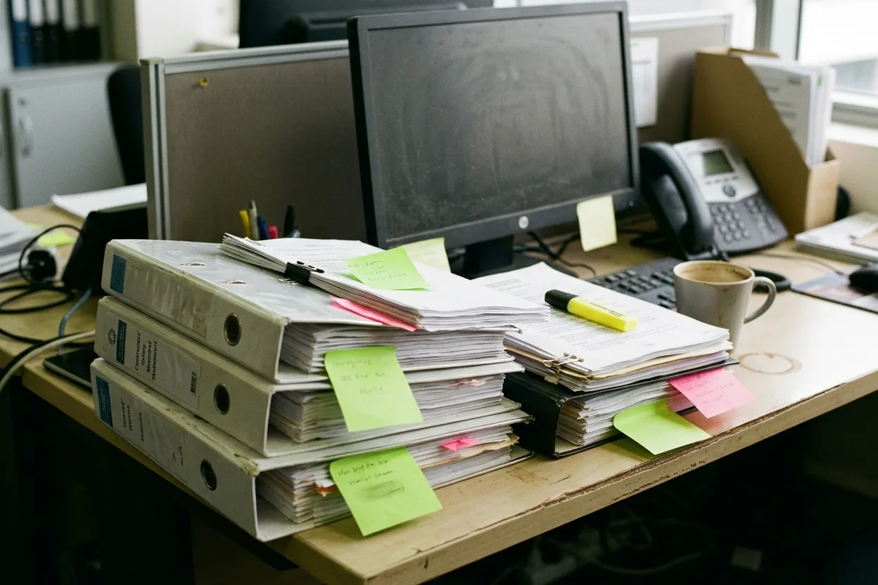 A stack of contractors’ safety documents and method statements in ring binders on an office desk, sticky notes and a highlighter on top, a monitor asleep behind