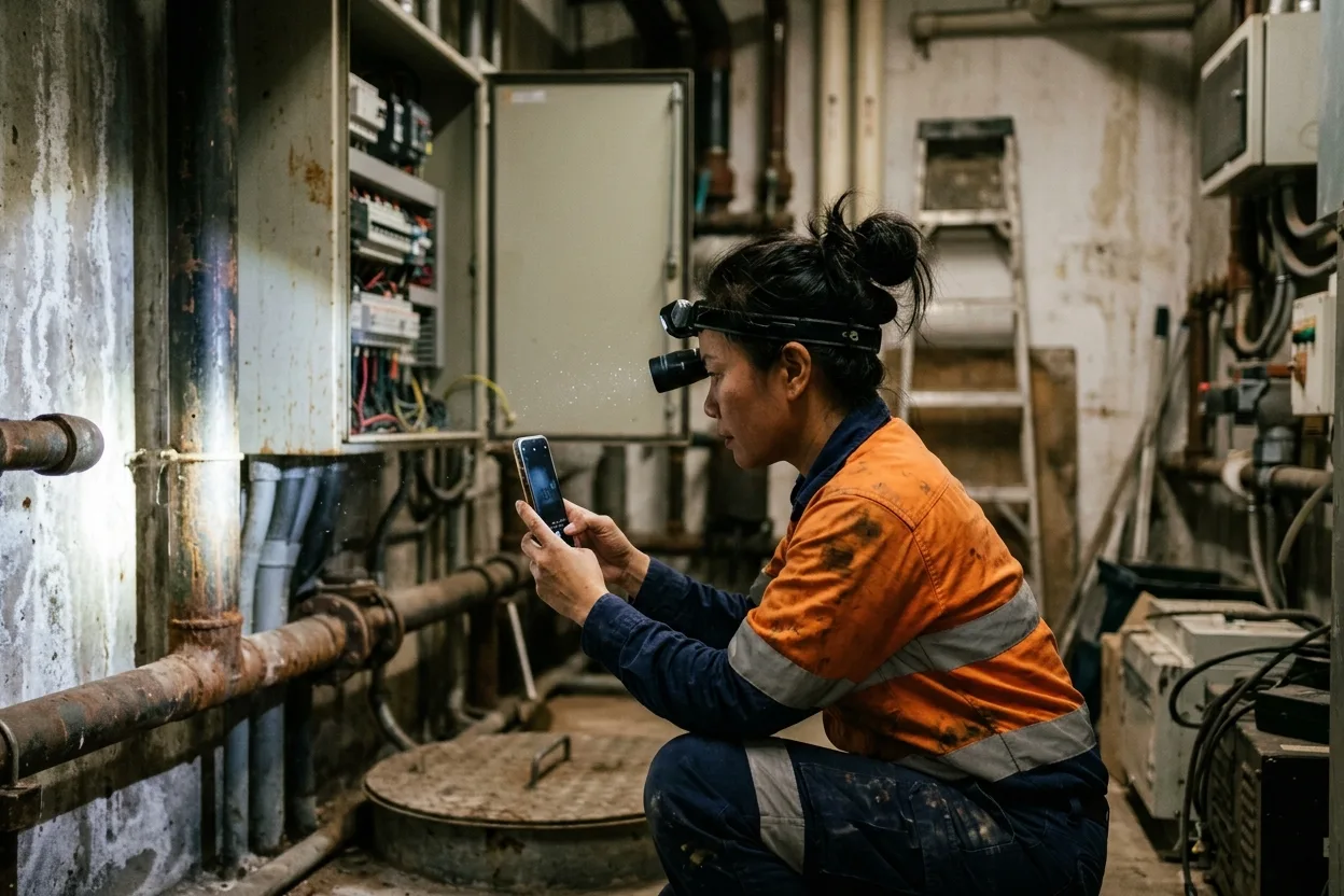An inspector in hi-vis with a head torch photographing an open switchboard with her phone in a dim basement plant room