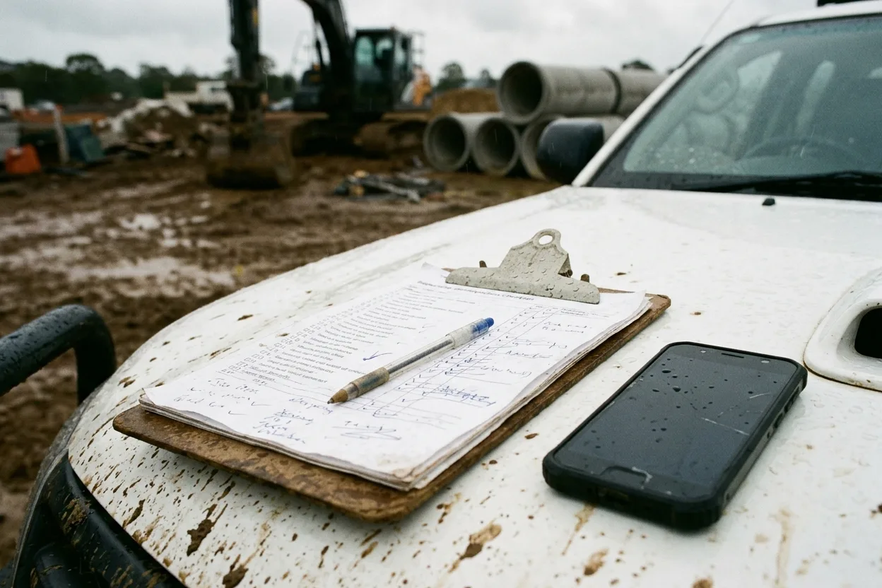 A clipboard with a rain-spotted paper inspection checklist and a pen on the bonnet of a work ute, a phone beside it, a wet civil site behind