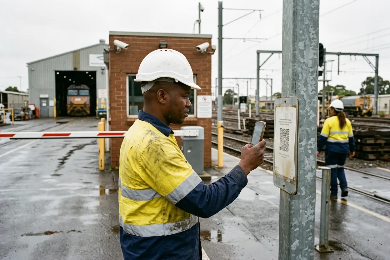 A contractor in hi-vis at a rail depot gate scanning a QR code on a post with his phone, the screen soft, with a boom gate and a maintenance shed behind