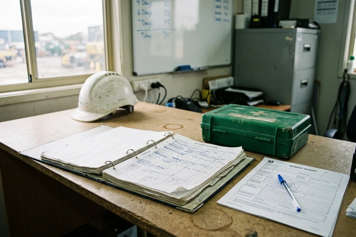 An incident register binder open on a site office desk beside a first aid kit and a printed incident form with a pen, a whiteboard of days since last incident behind