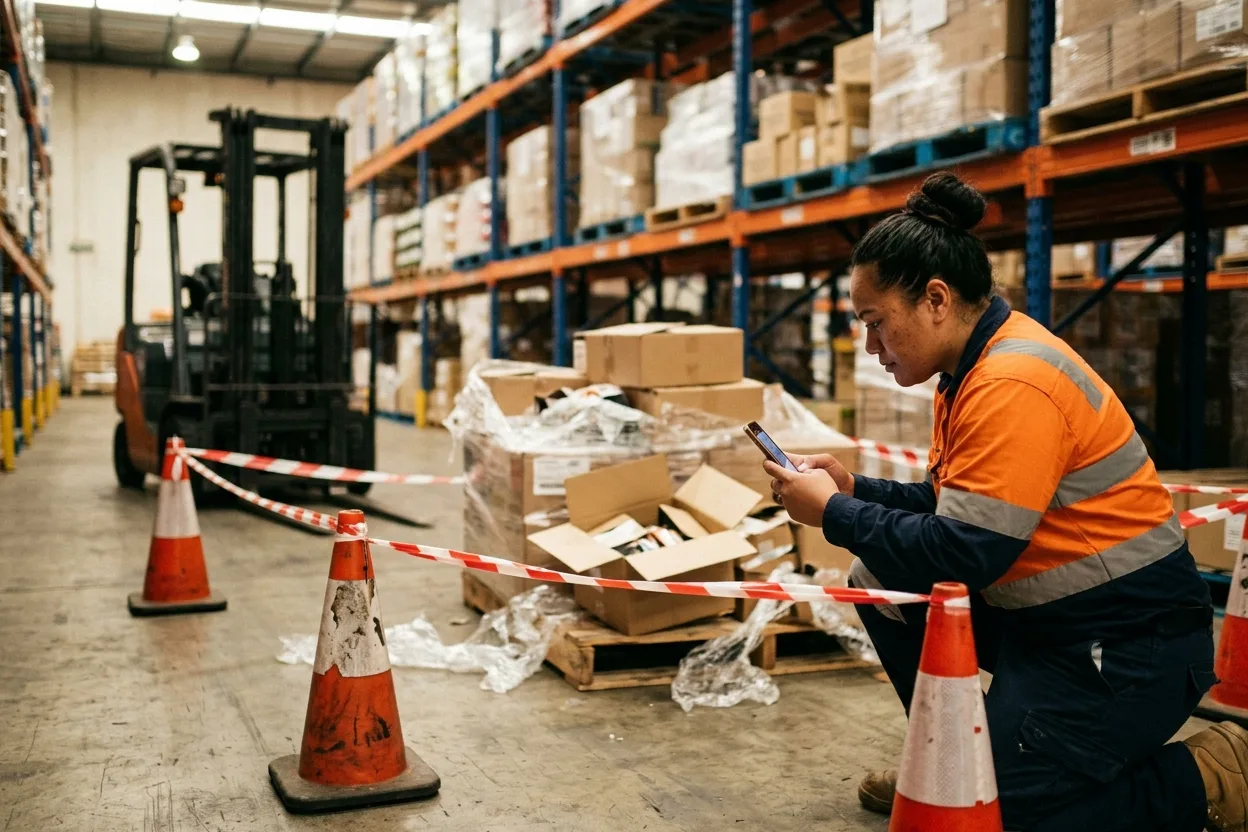 A supervisor in hi-vis kneeling beside a fallen pallet and a taped-off area in a warehouse aisle, recording the incident on her phone