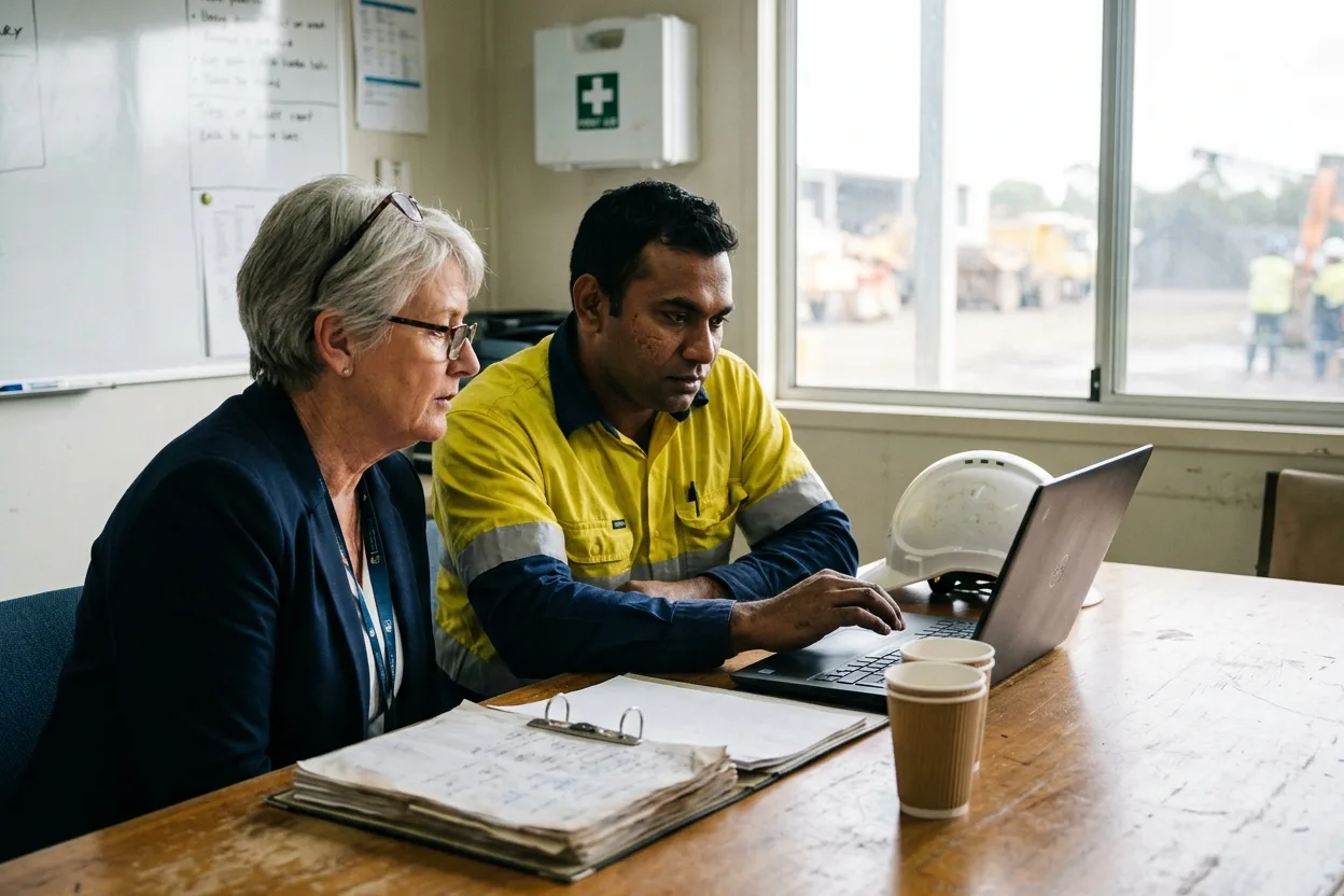 A safety manager and a site supervisor at a site office table reviewing an incident on a laptop, a printed sign-in book and a hard hat beside them