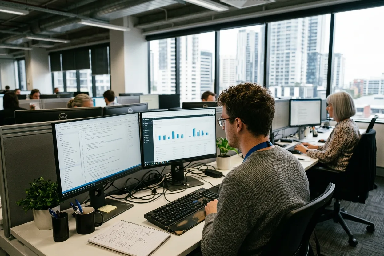 Two people at a desk working through a systems diagram on a laptop, a work-order screen open beside it