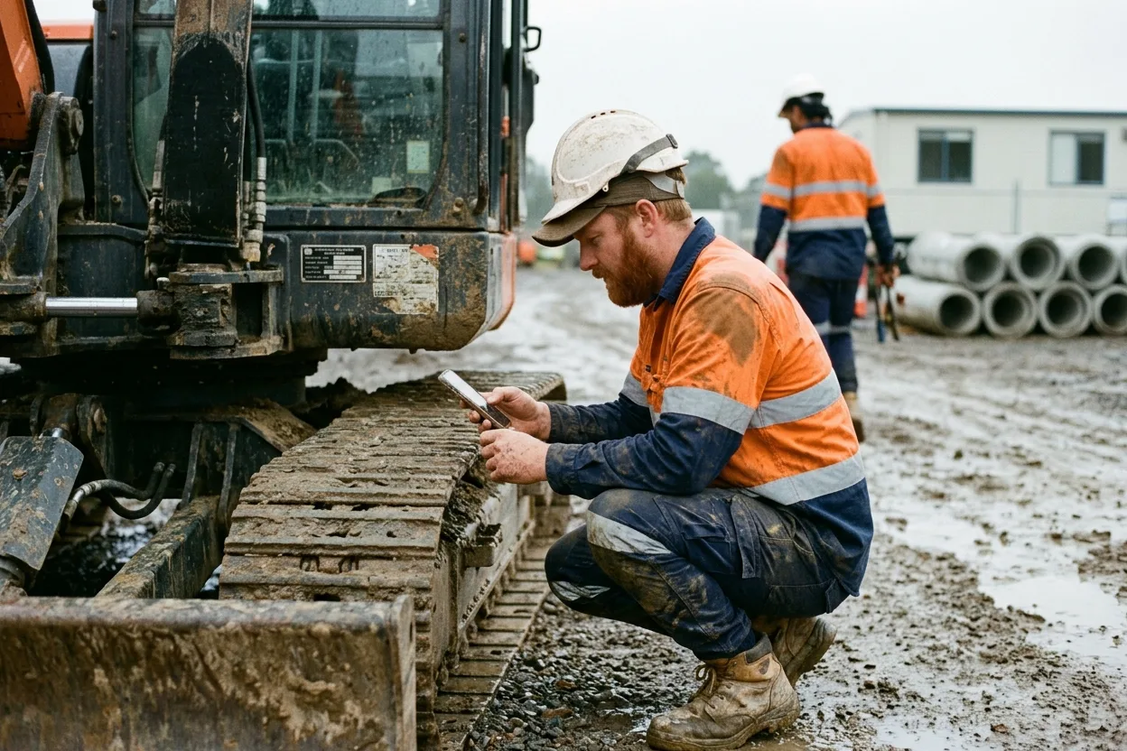 An operator in hi-vis crouched at the tracks of an excavator on a wet civil site, working through a pre-start on his phone, the machine’s compliance plate beside his hand