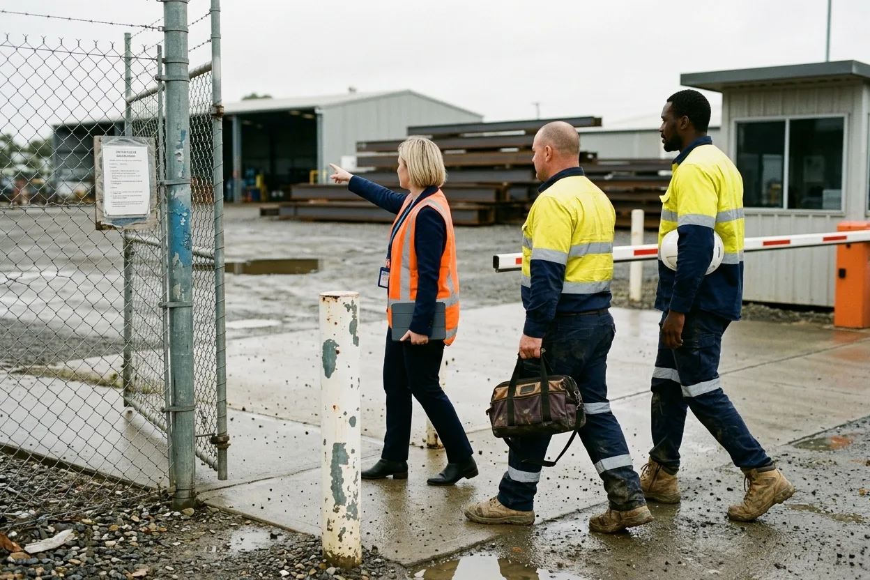 A contract manager in a blazer and hi-vis vest walking a new two-person crew through the gate of an industrial site on their first morning