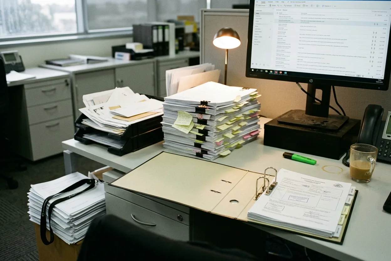 A procurement desk with a stack of printed contractor packs, a lever-arch folder of insurance certificates, sticky notes, and an overflowing in-tray
