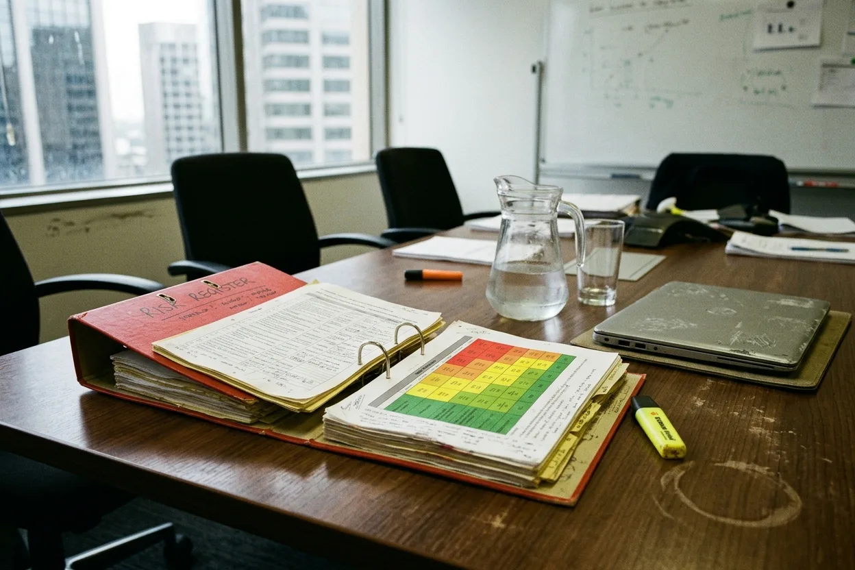 A thick risk register binder open on a boardroom table beside a printed heat map and a highlighter, chairs pushed back